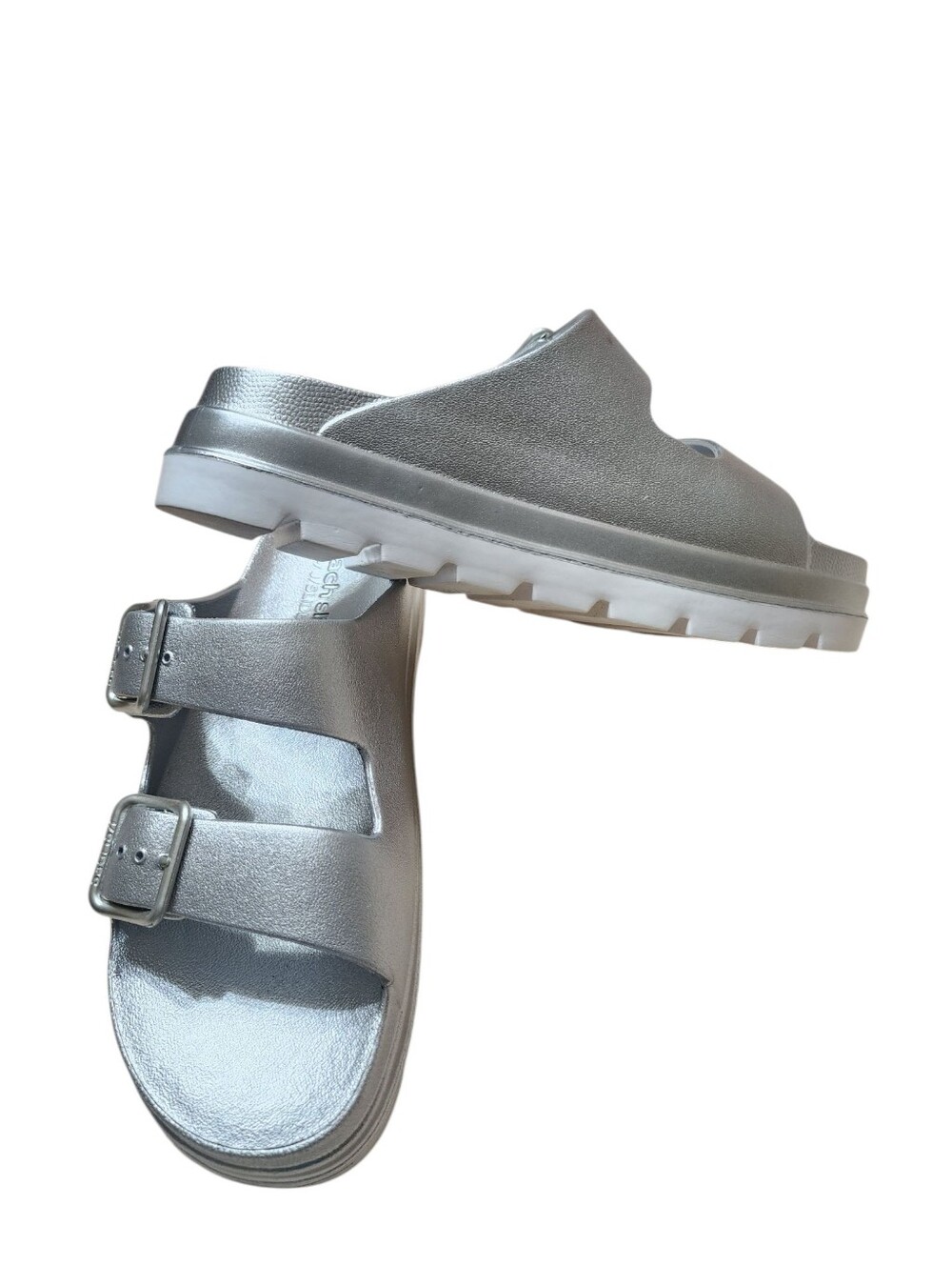 J Slides Simply Platform Slip on Open Toe Beachy Travel EVA Sz 11 Silver